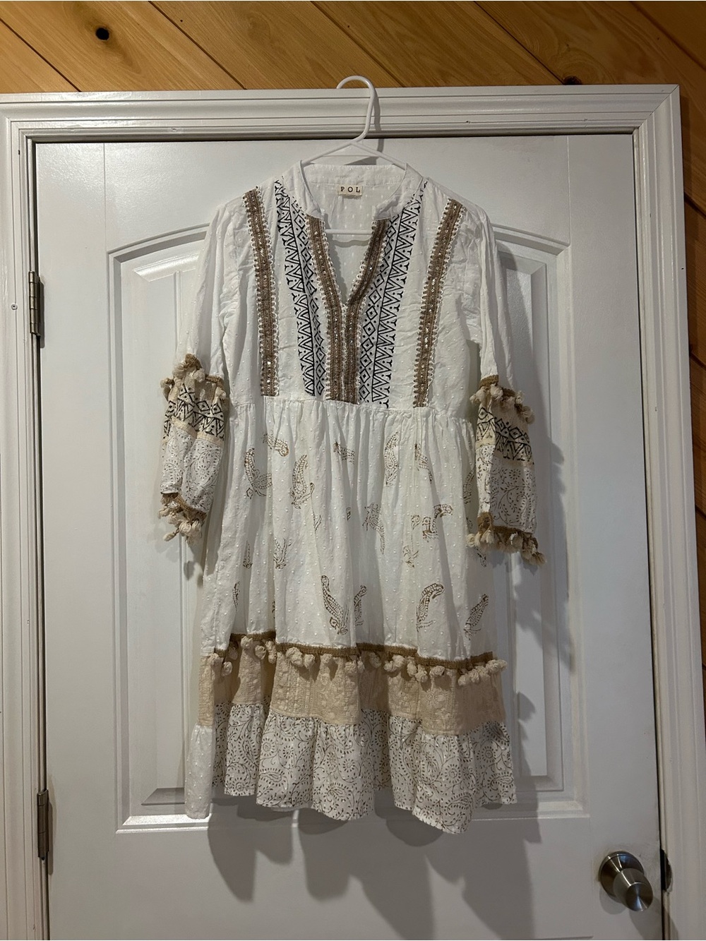 POL White Boho Embroidered Tiered Dress with Beige Accents